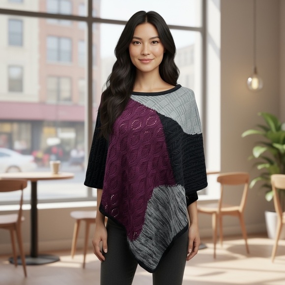 Style & Co Geometric Knit Poncho. Purple Black & Gray. Size S - Picture 1 of 7